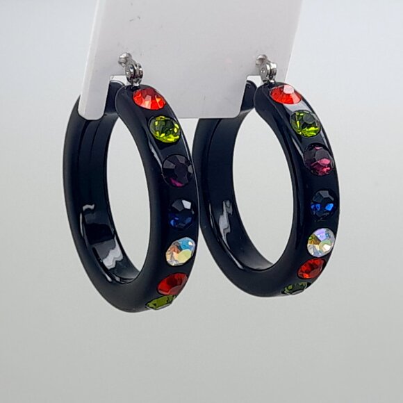 black Lucite Acrylic wide 1.5 Hoop multi color Latch Back Fashion Earrings - Picture 3 of 4